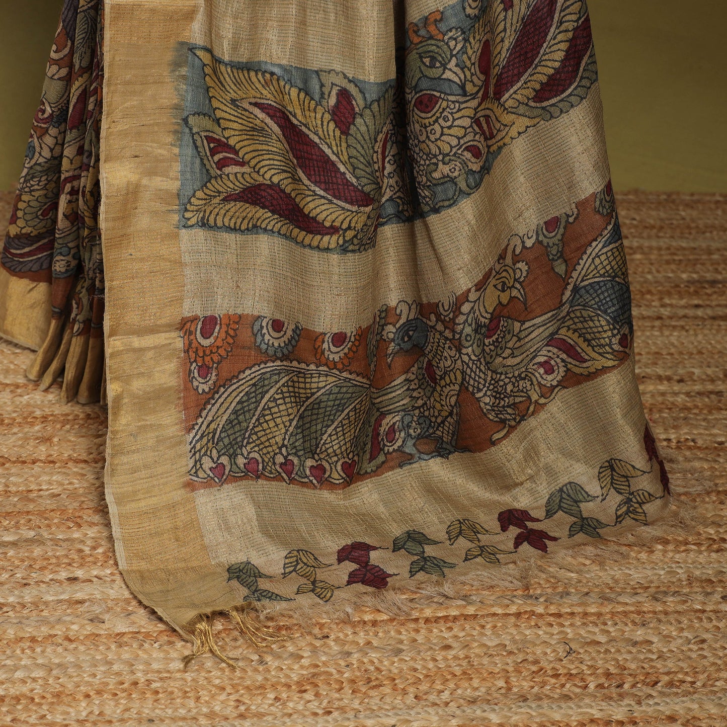 Brown - penwork tussar ghicha silk handspun handpainted