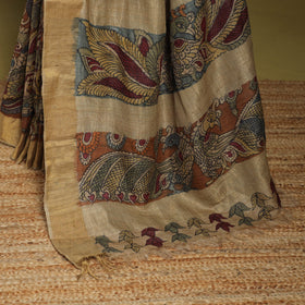 Brown - penwork tussar ghicha silk handspun handpainted