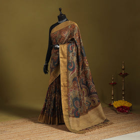 Brown - penwork tussar ghicha silk handspun handpainted