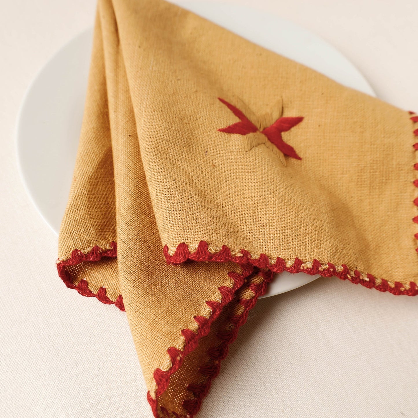 Brown Plain Handloom Phulkari Embroidery Reversible Cotton Napkin