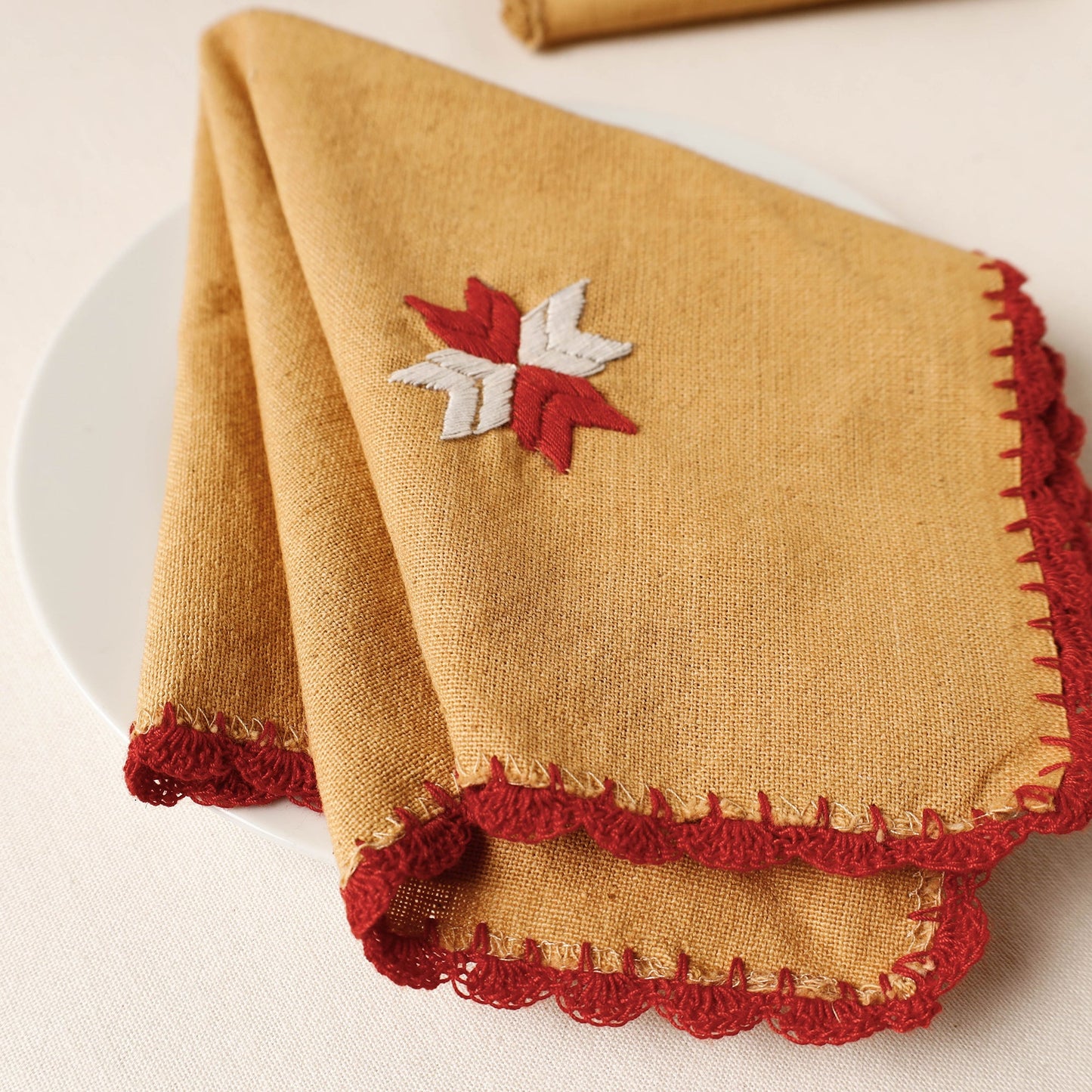 Brown Plain Handloom Phulkari Embroidery Reversible Cotton Napkin