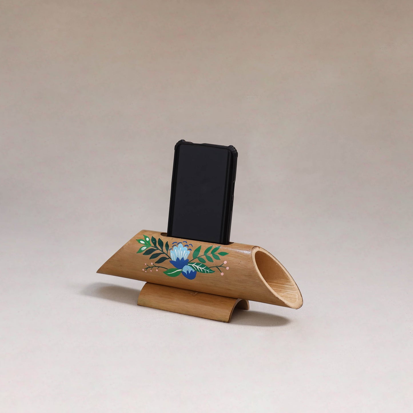 Pichwai handpainted hand carved natural bamboo wood phone
