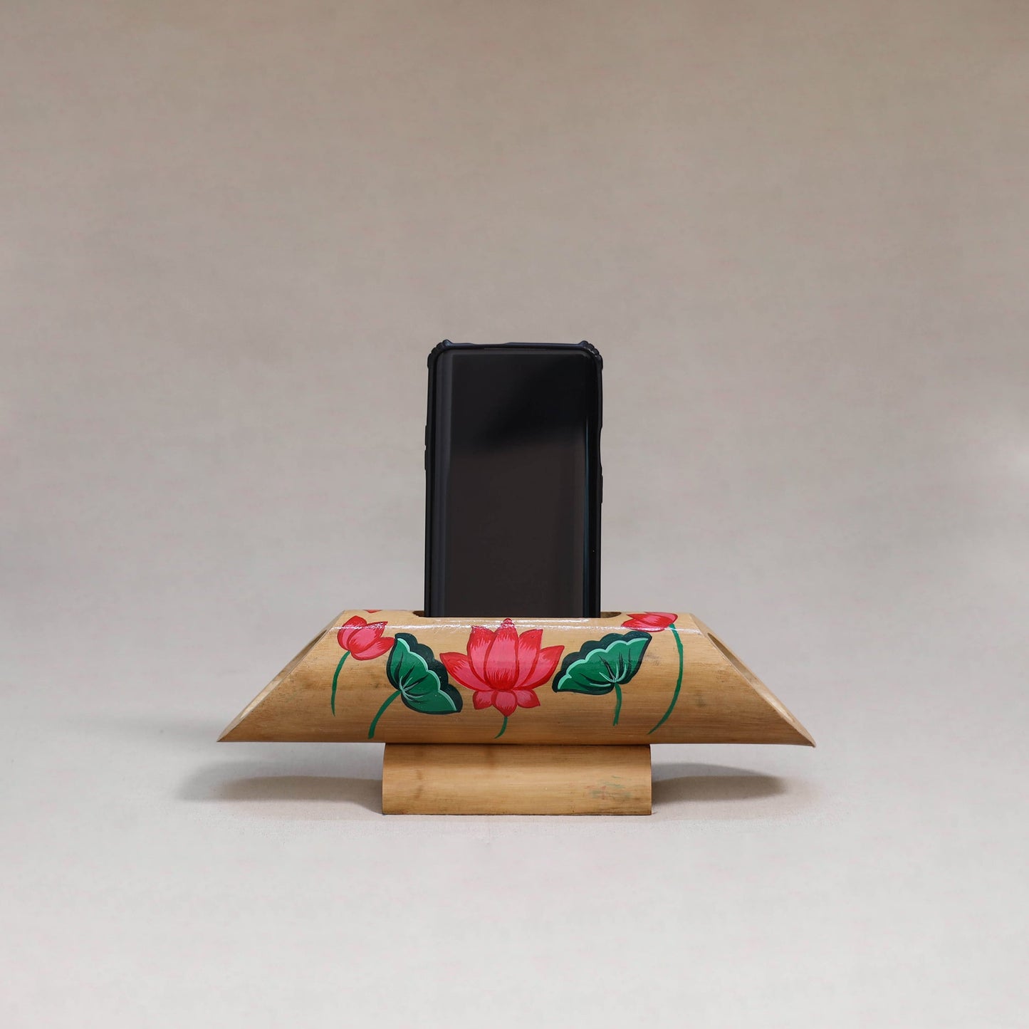 Pichwai handpainted hand carved natural bamboo wood phone
