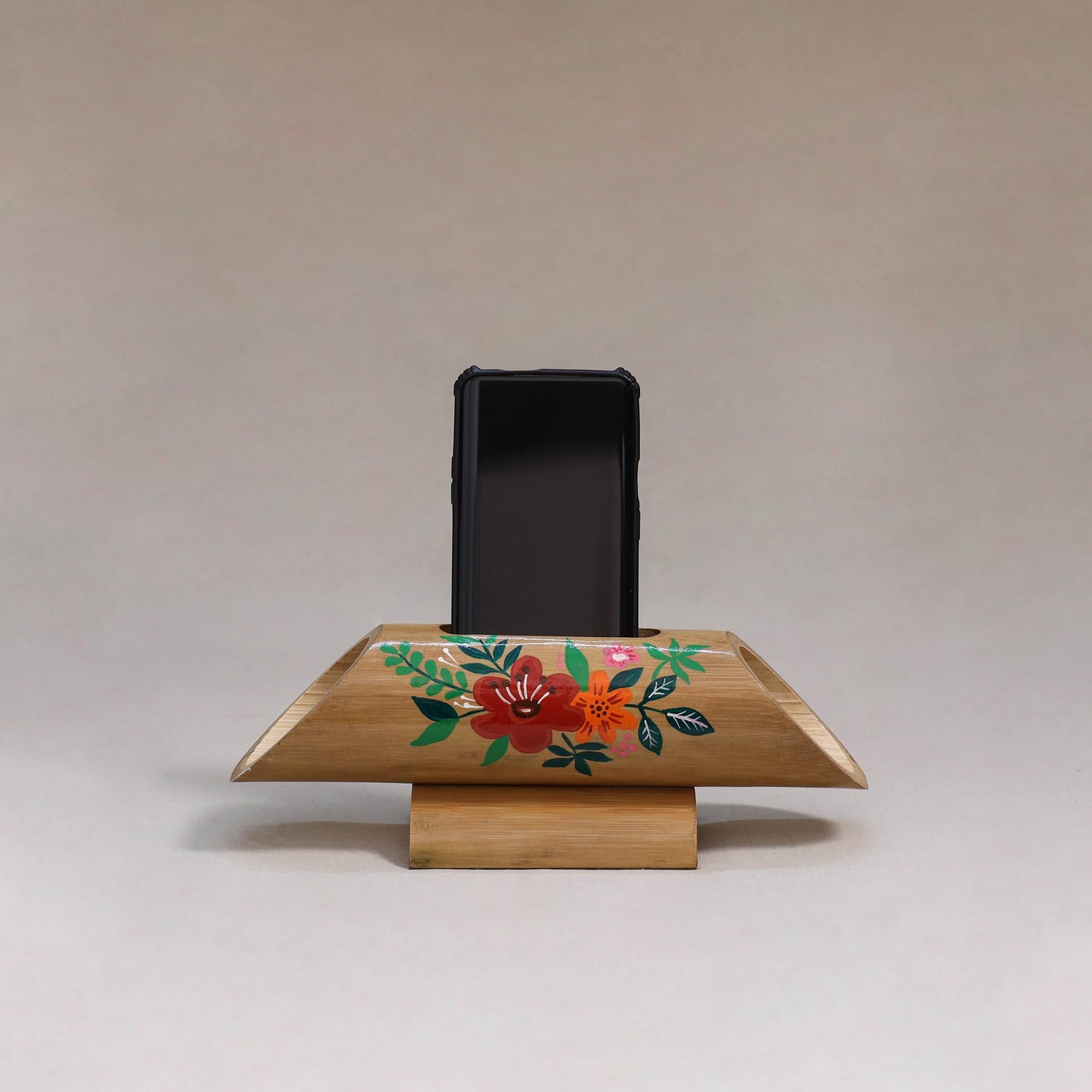 Pichwai handpainted hand carved natural bamboo wood phone