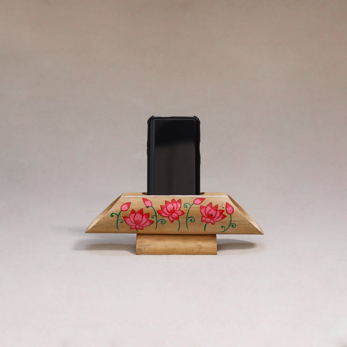 Pichwai handpainted hand carved natural bamboo wood phone