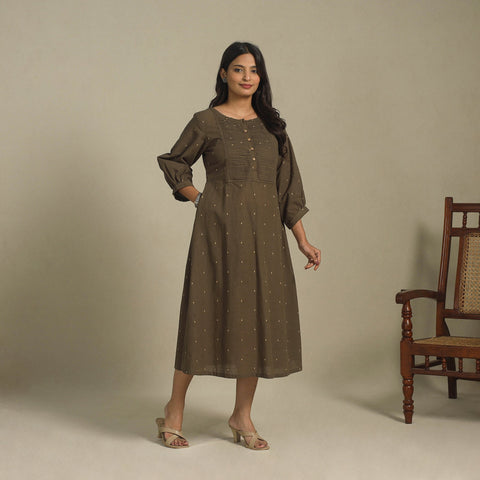 Brown - pintuck cotton jacquard dress 09 - handcrafted