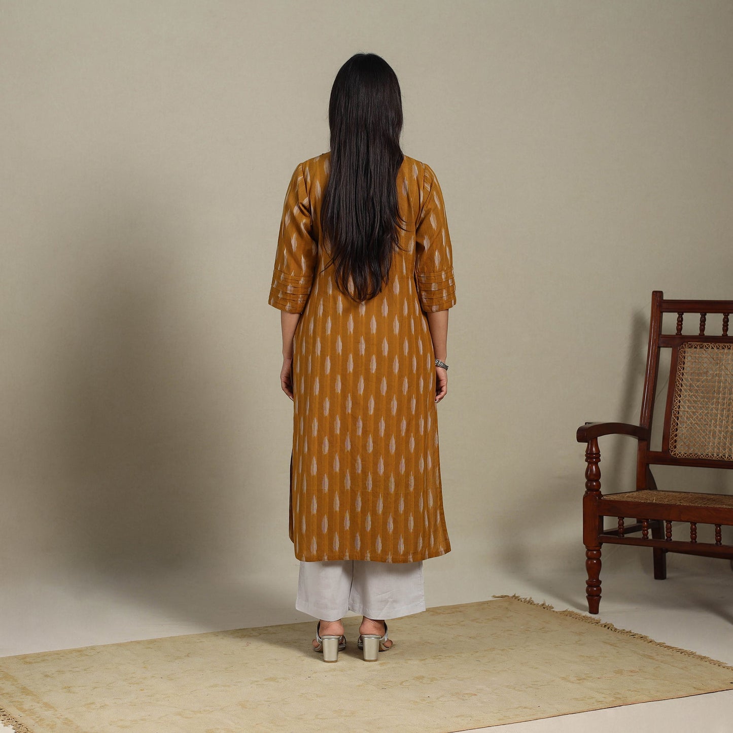 Brown - pintuck cotton straight pochampally ikat kurta 07