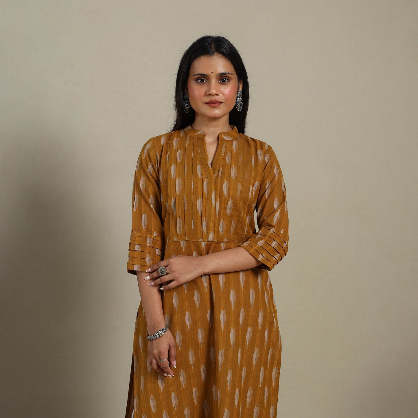 Brown - pintuck cotton straight pochampally ikat kurta 07