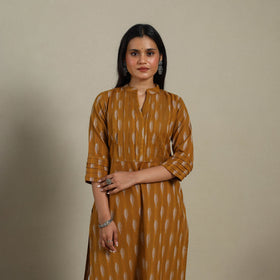 Brown - pintuck cotton straight pochampally ikat kurta 07