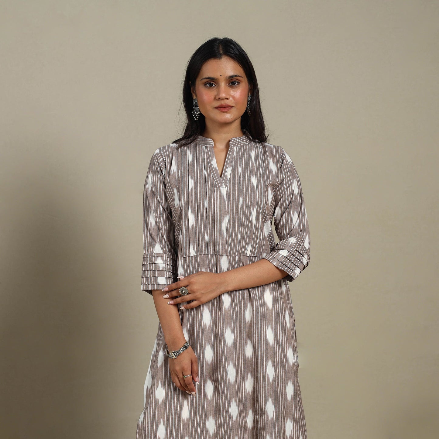 Brown - pintuck cotton straight pochampally ikat kurta 09