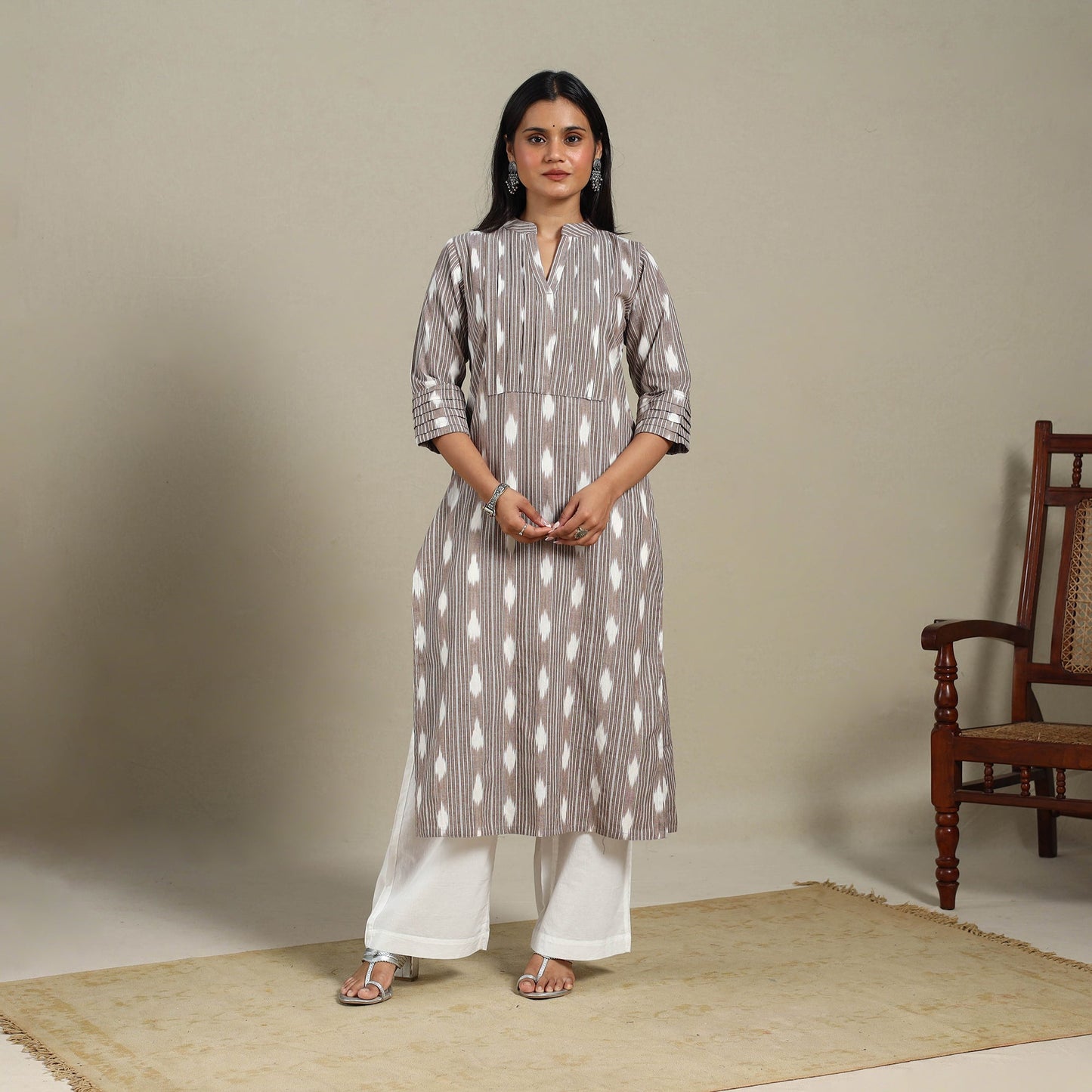 Brown - pintuck cotton straight pochampally ikat kurta 09
