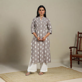 Brown - pintuck cotton straight pochampally ikat kurta 09