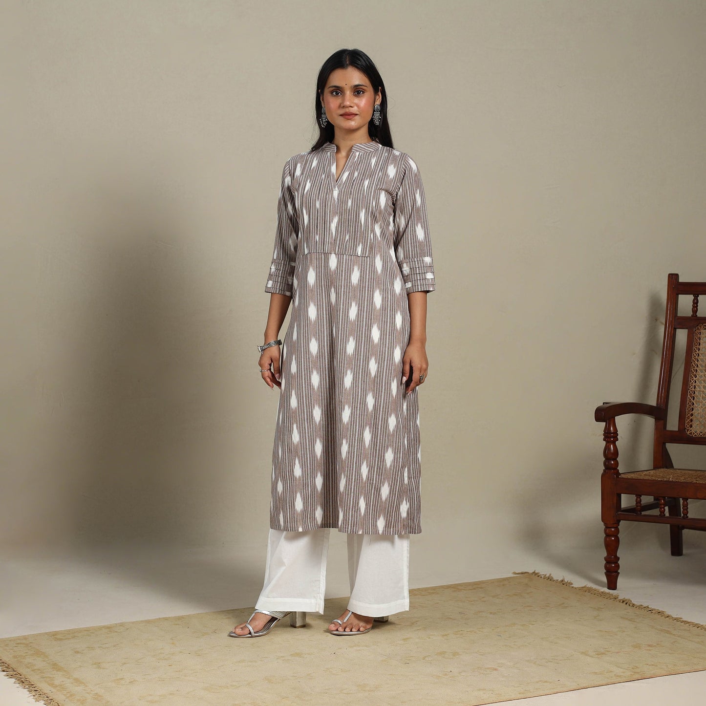 Brown - pintuck cotton straight pochampally ikat kurta 09
