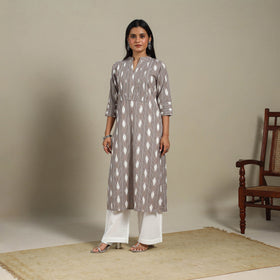 Brown - pintuck cotton straight pochampally ikat kurta 09