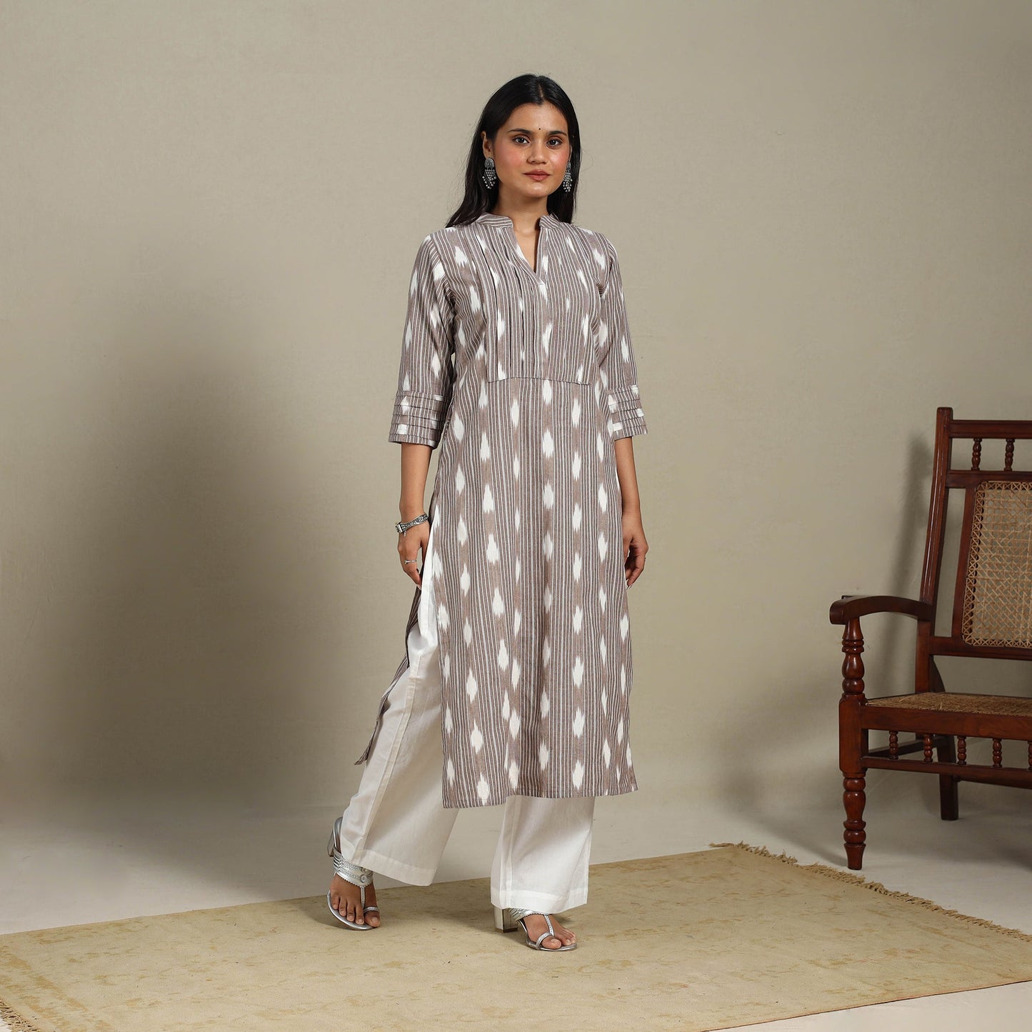 Brown - pintuck cotton straight pochampally ikat kurta 09
