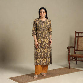 Brown - pintuck cotton straight sanganeri kurta 17