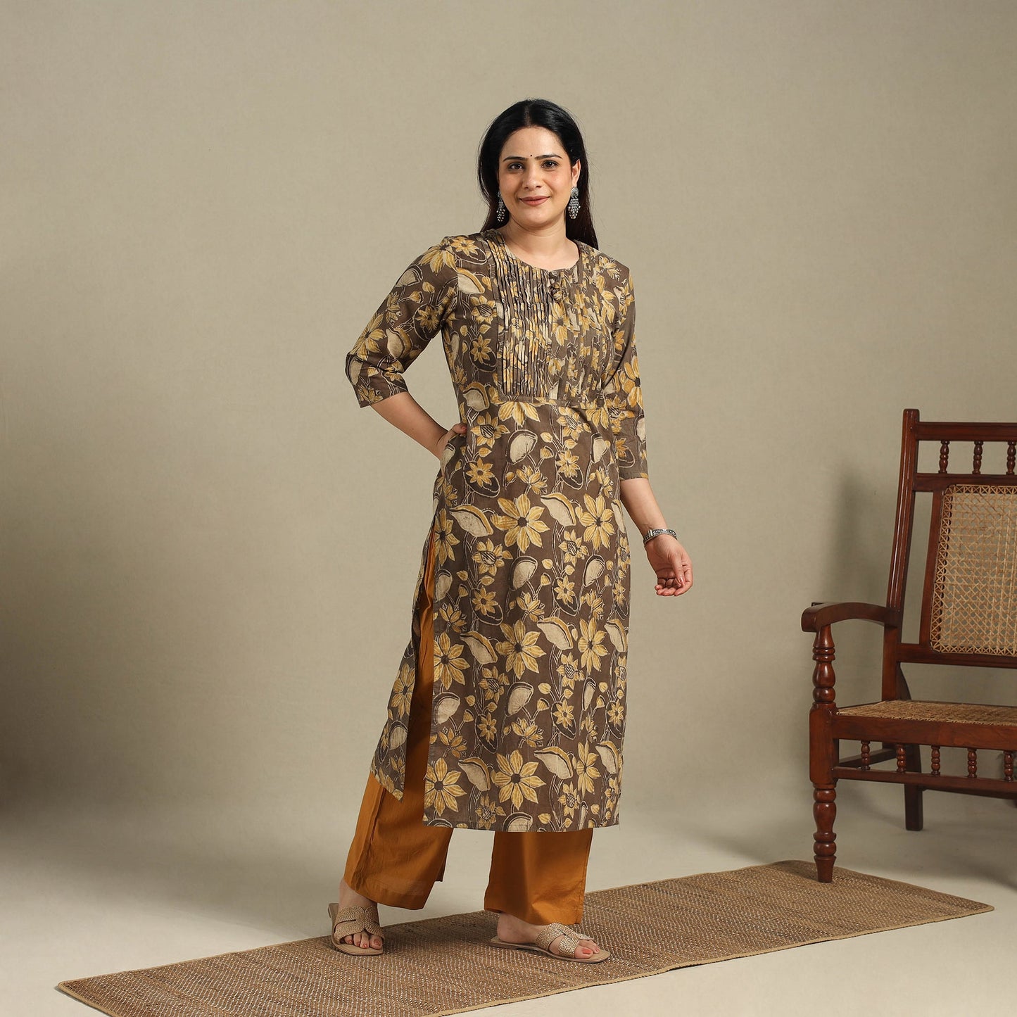 Brown - pintuck cotton straight sanganeri kurta 17