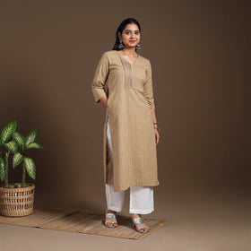 Brown - pintuck straight cotton jacquard kurta 14