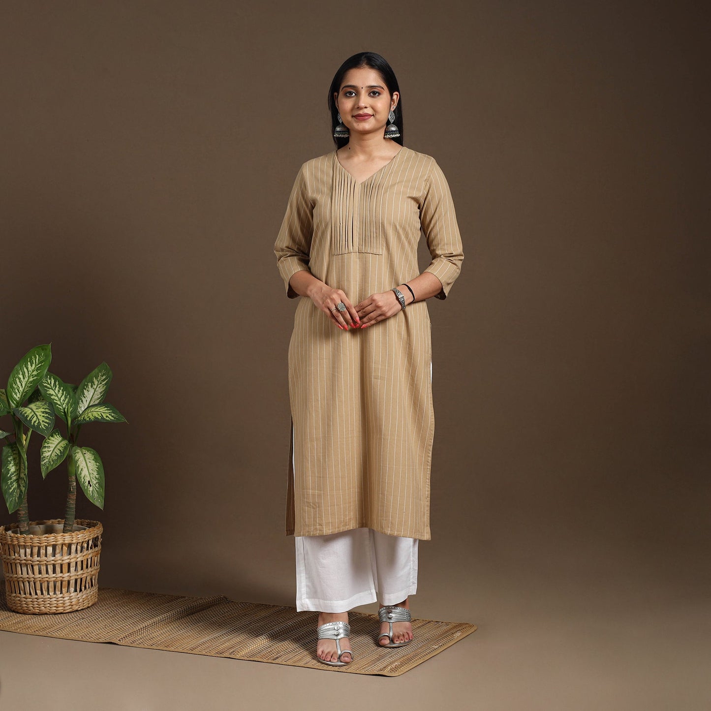Brown - pintuck straight cotton jacquard kurta 14