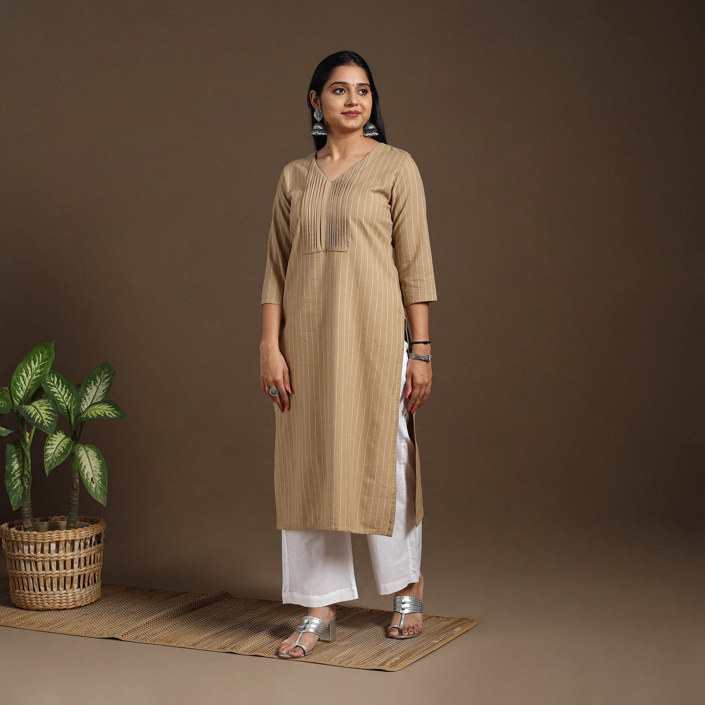 Brown - pintuck straight cotton jacquard kurta 14