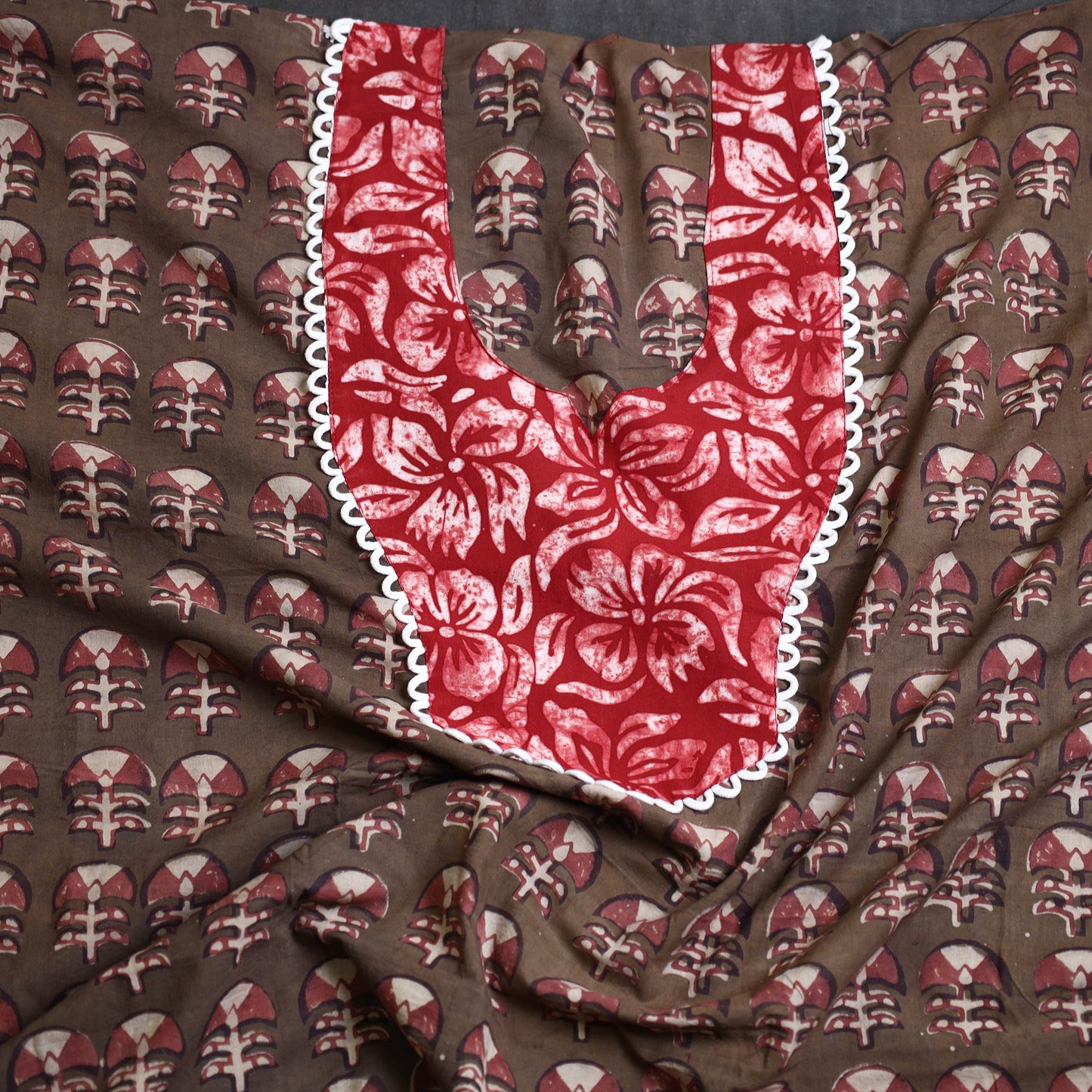 Buy Brown Pipad Print Patchwork Cotton Kurta Material