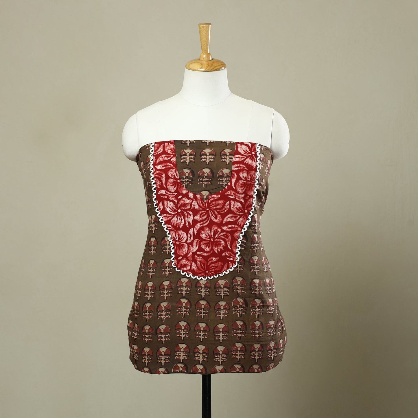 Buy Brown Pipad Print Patchwork Cotton Kurta Material