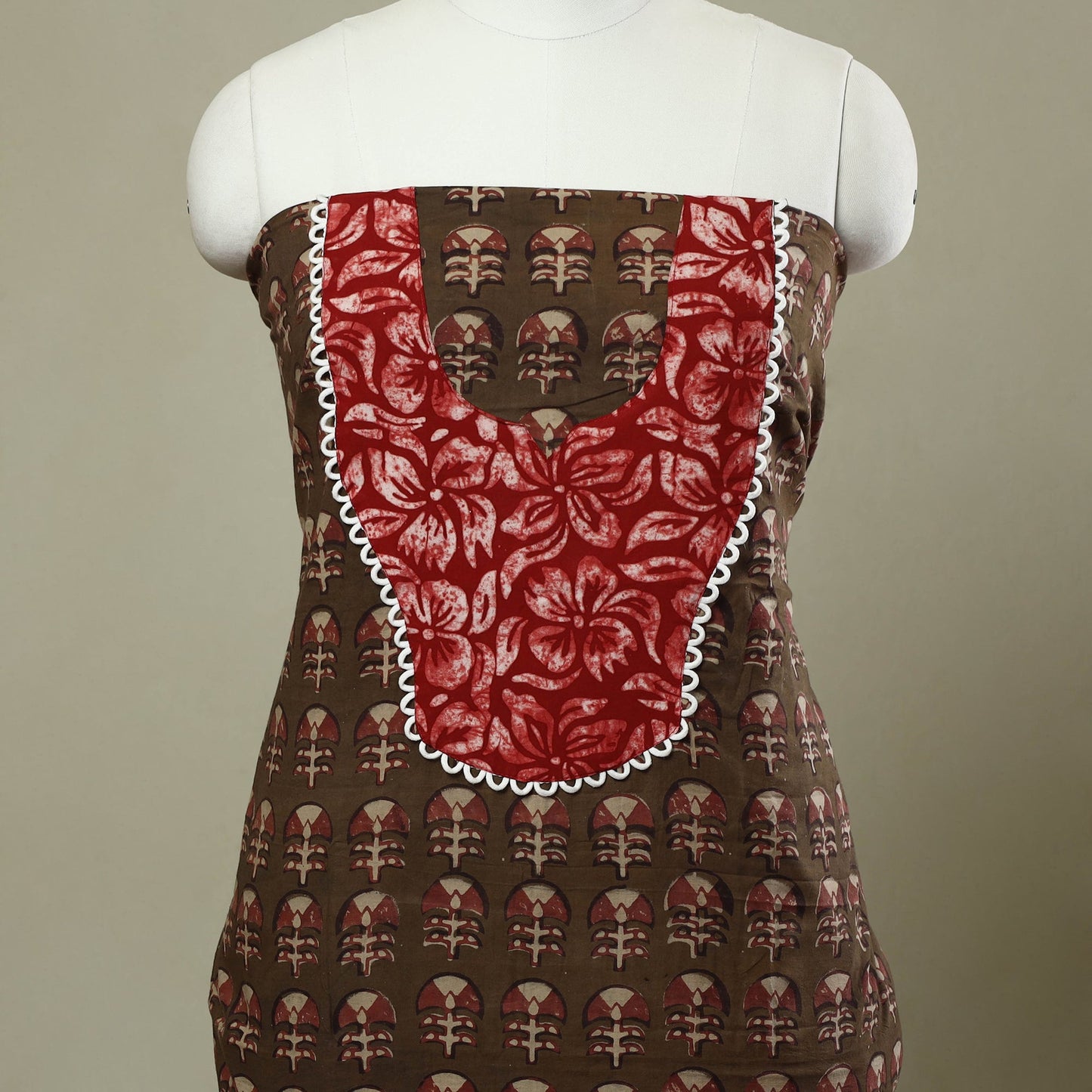 Buy Brown Pipad Print Patchwork Cotton Kurta Material