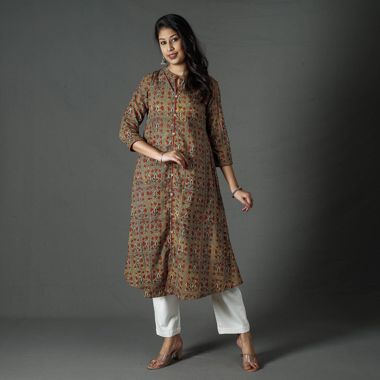 Buy Brown Pipad Block Printed Cotton Long Kurta for Women