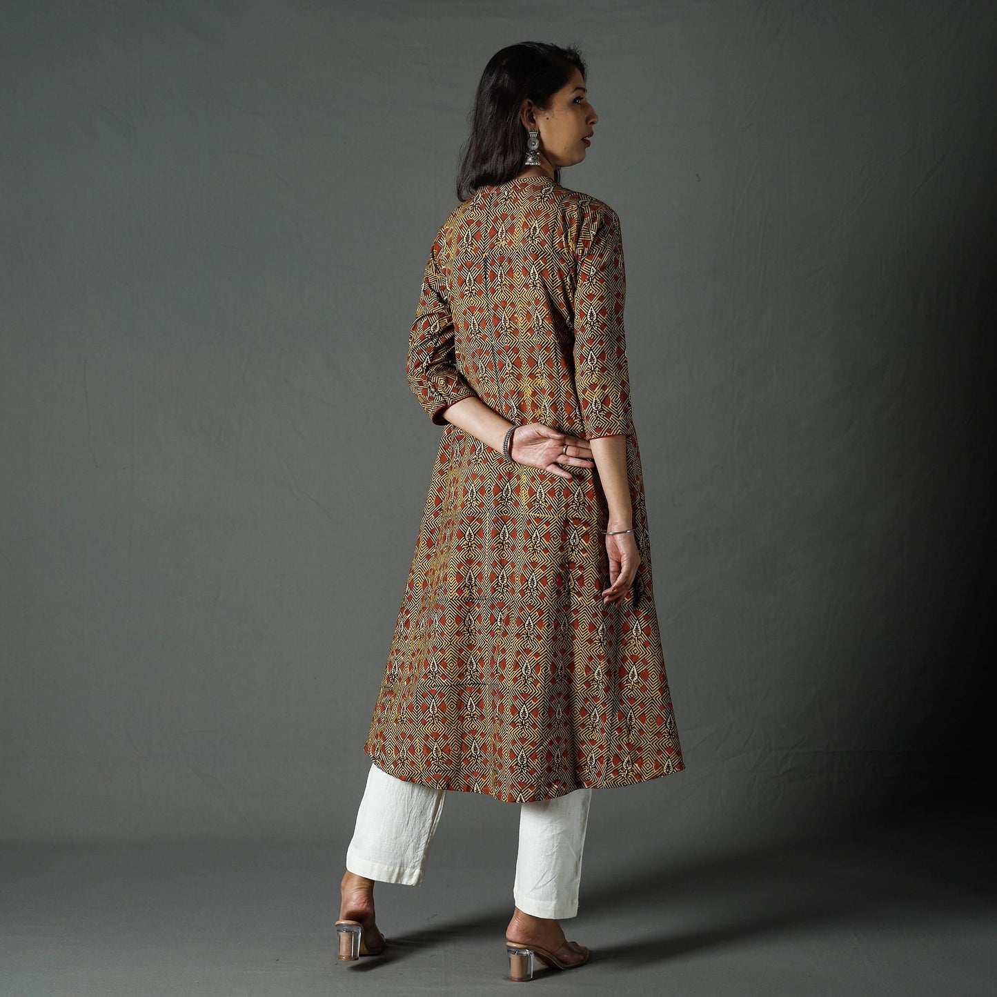 Buy Brown Pipad Block Printed Cotton Long Kurta for Women