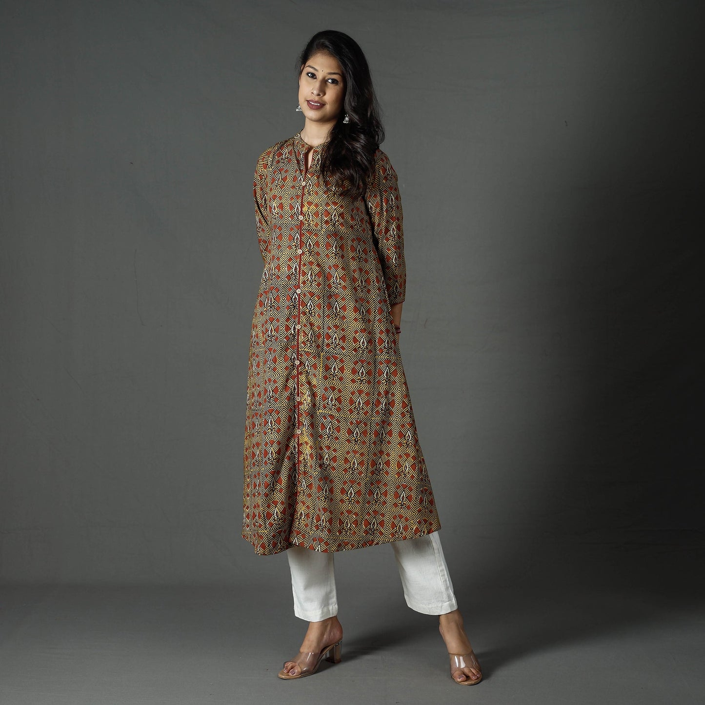 Buy Brown Pipad Block Printed Cotton Long Kurta for Women