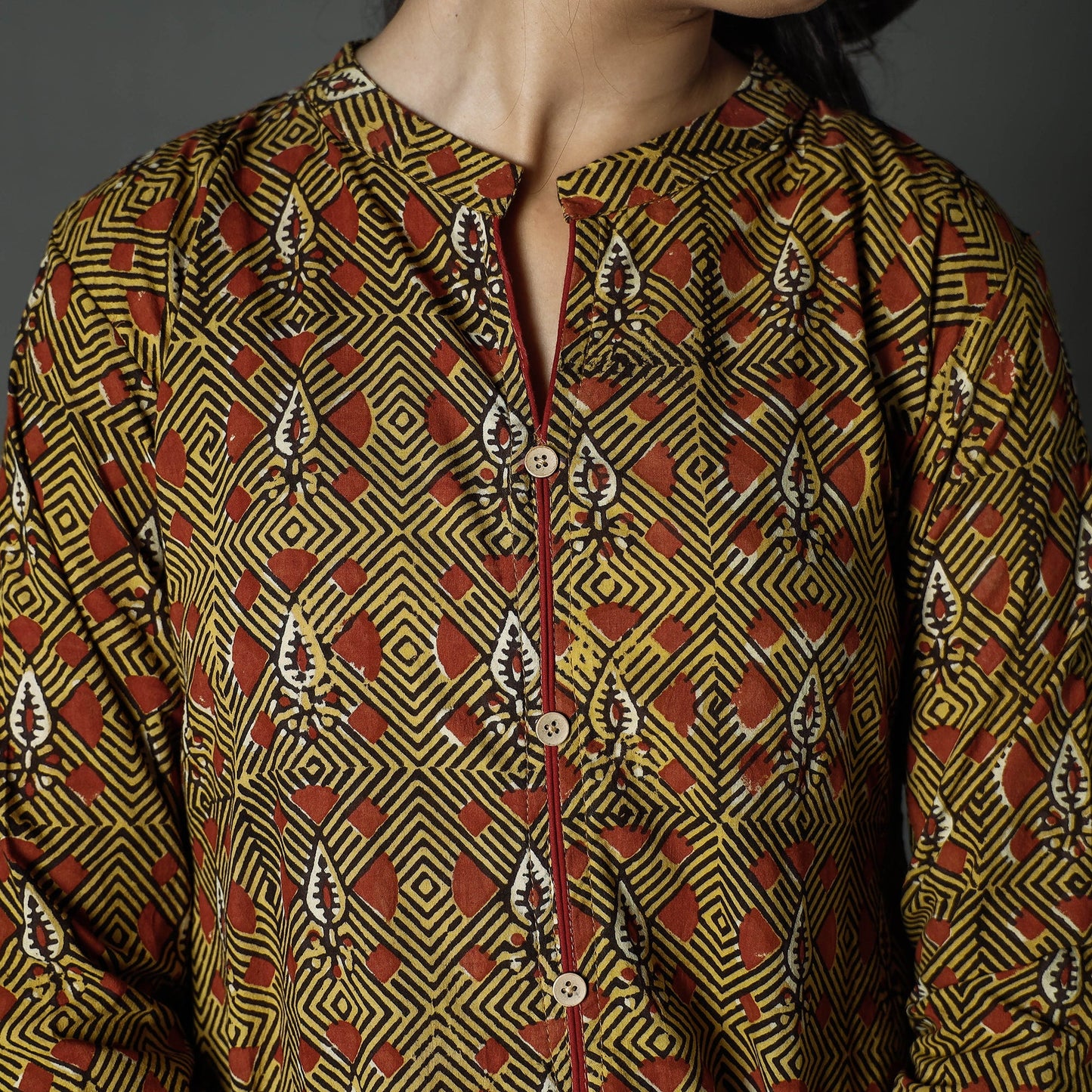 Buy Brown Pipad Block Printed Cotton Long Kurta for Women