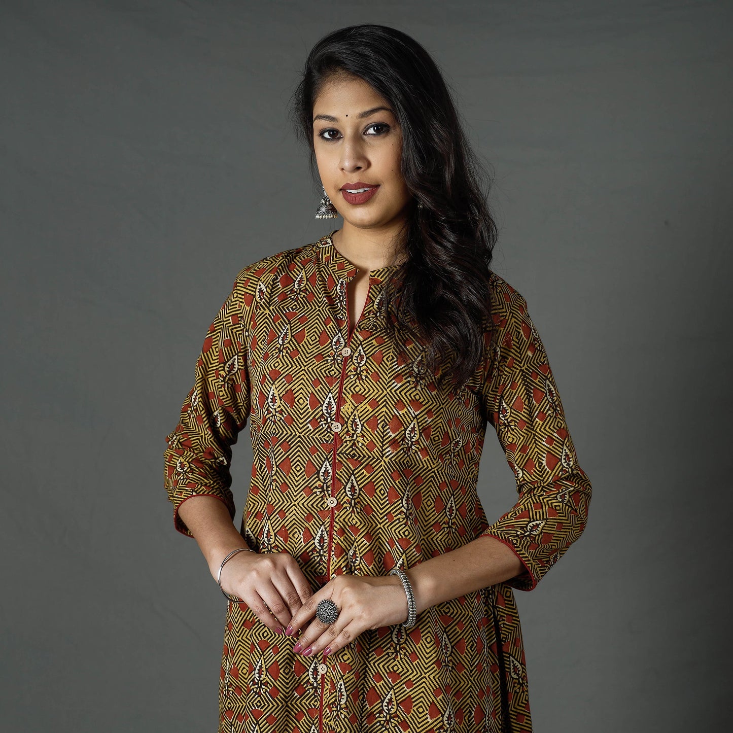 Buy Brown Pipad Block Printed Cotton Long Kurta for Women