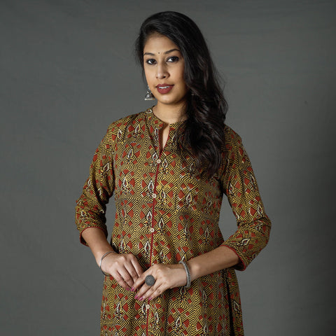 Buy Brown Pipad Block Printed Cotton Long Kurta for Women