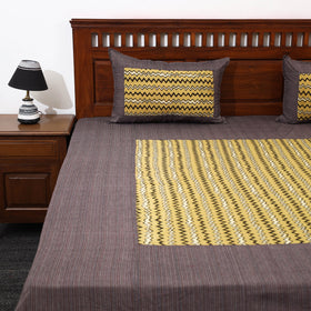 Plain Cotton Double Bed Cover with Block Print Patchwork