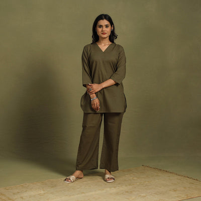 Brown Plain Dyed Cotton Co-Ord Set
