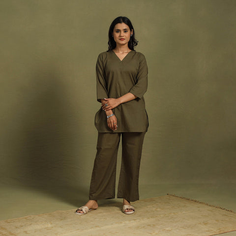 Brown Plain Dyed Cotton Co-Ord Set