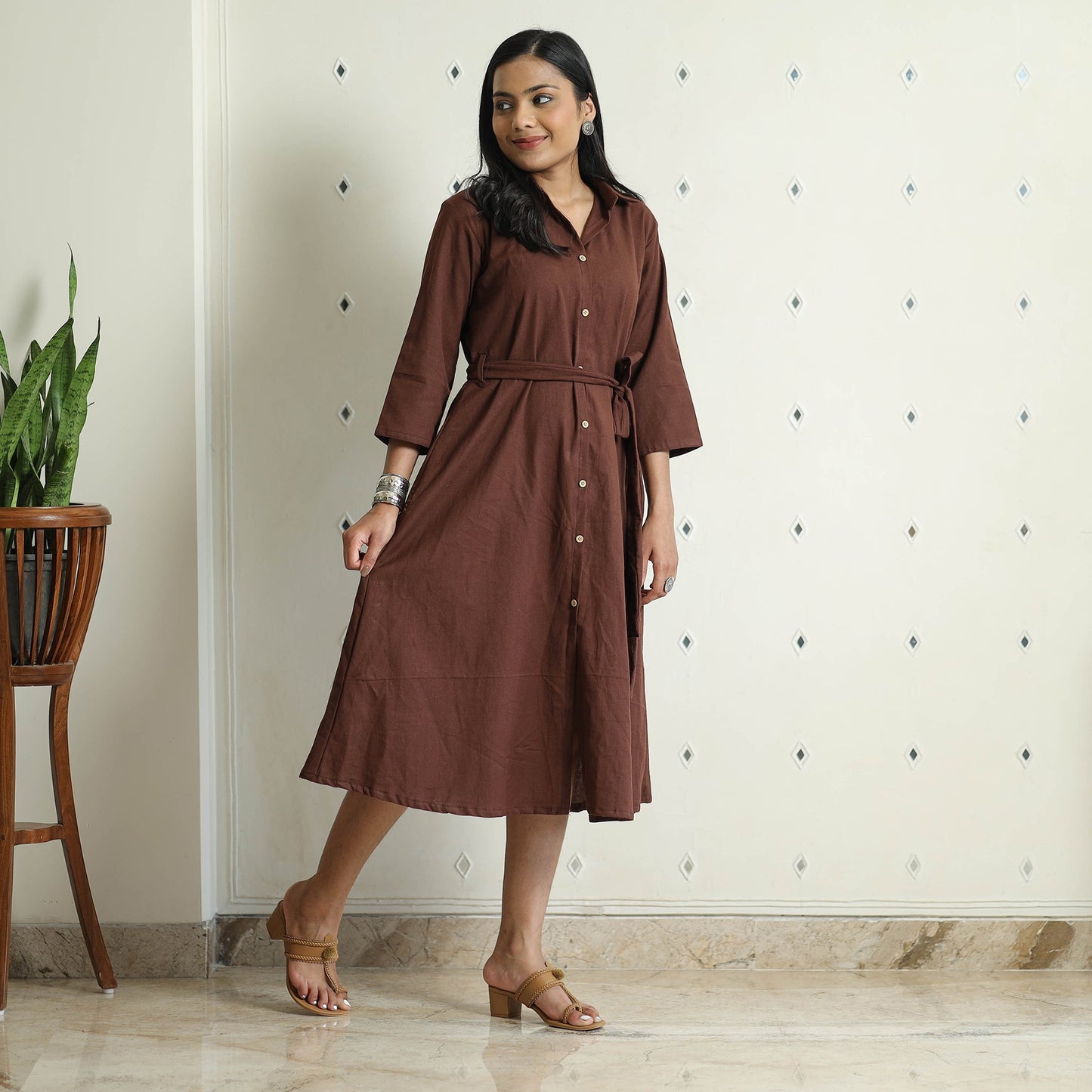  Plain Flex Cotton Collared Neck Buttoned Down Dress 