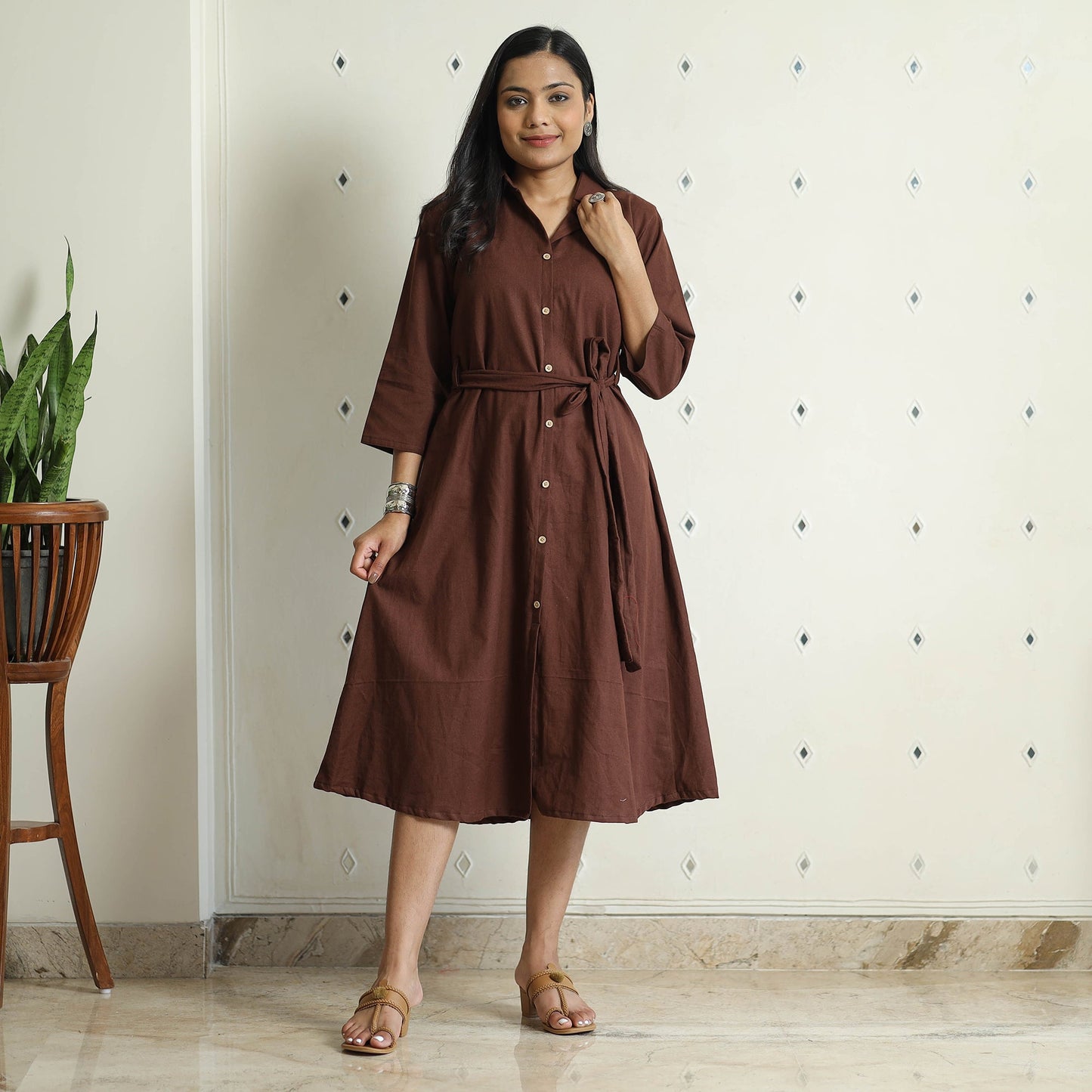  Plain Flex Cotton Collared Neck Buttoned Down Dress 