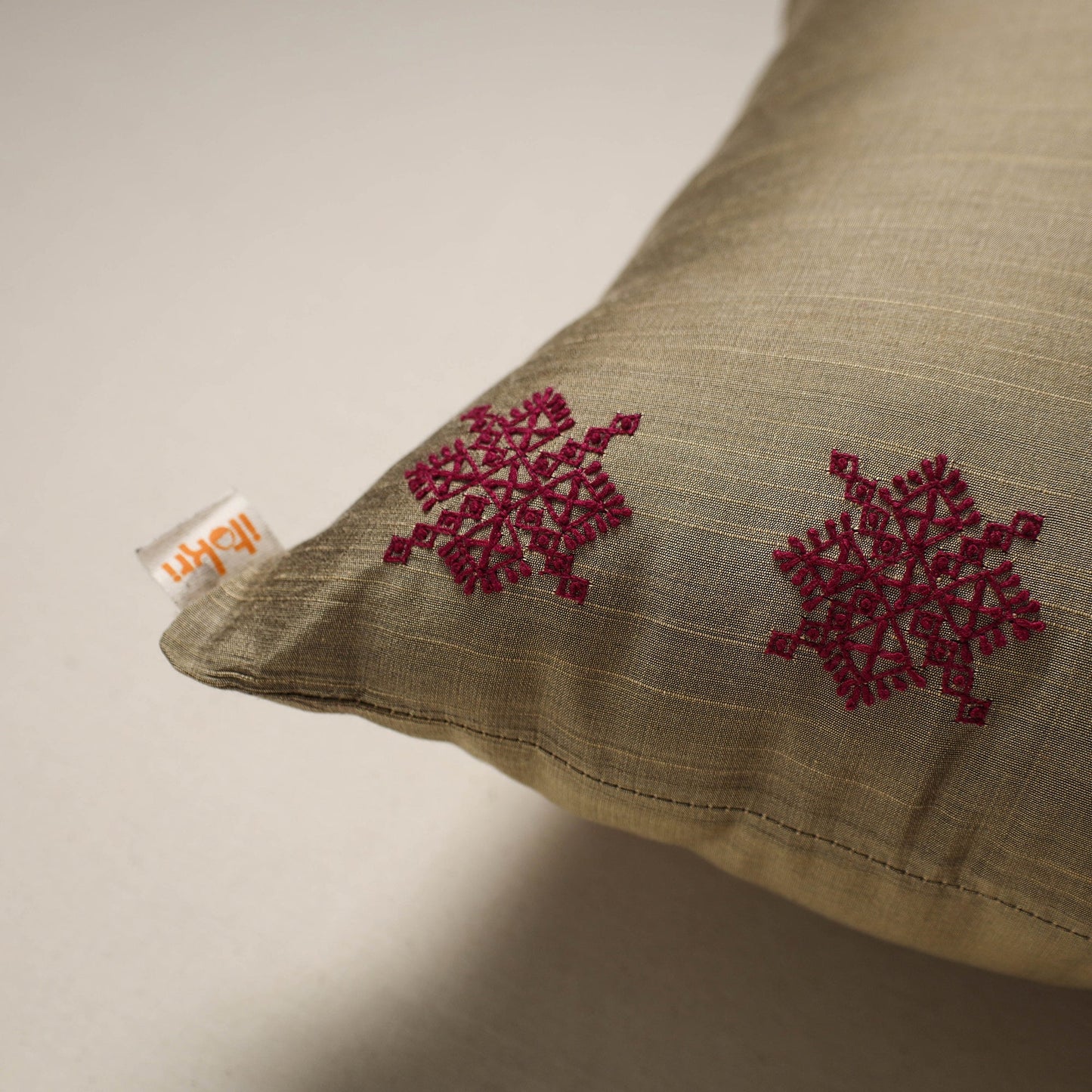 Brown - plain slub silk hand embroidered cushion cover 06