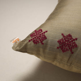 Brown - plain slub silk hand embroidered cushion cover 06