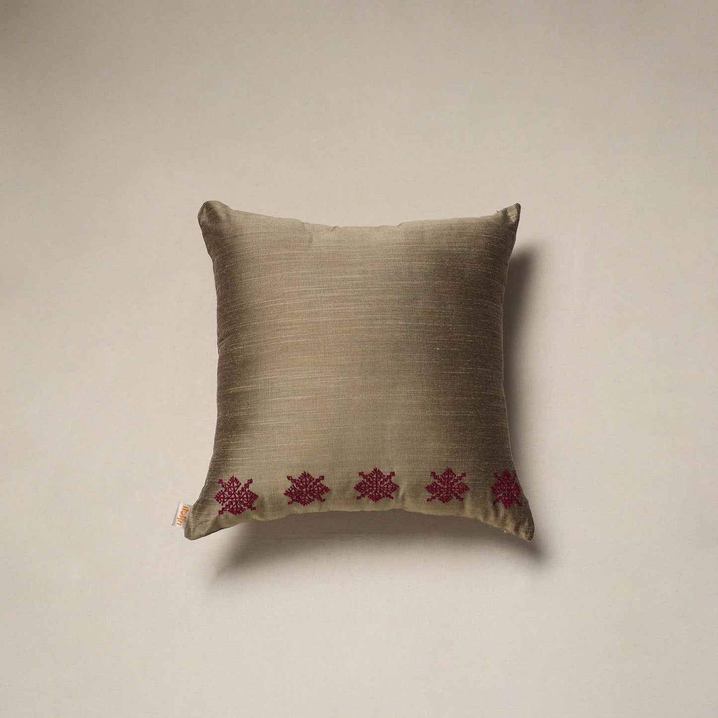 Brown - plain slub silk hand embroidered cushion cover 06
