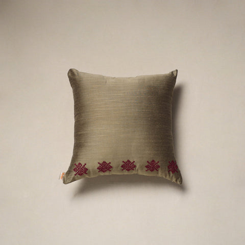 Brown - plain slub silk hand embroidered cushion cover 06