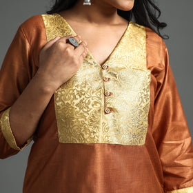 Buy  Dark Grey Plain Tussar Silk Banarasi Patchwork Floral Kurta l iTokri.com