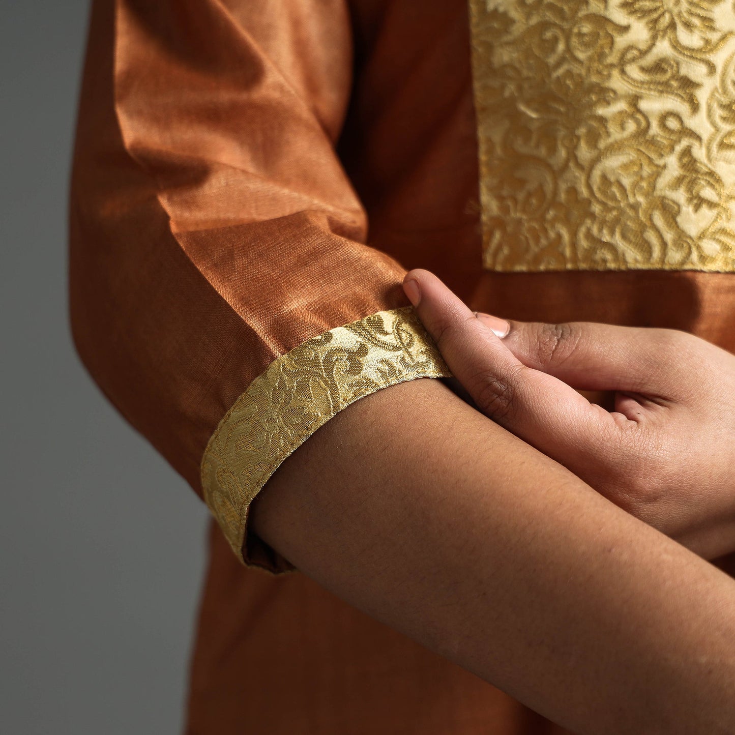 Buy  Dark Grey Plain Tussar Silk Banarasi Patchwork Floral Kurta l iTokri.com