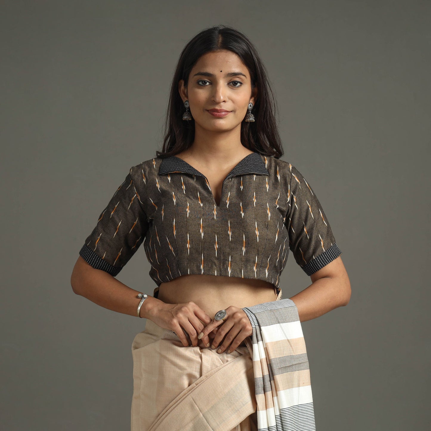 Brown - Pochampally Cotton Stitched Ikat Blouse 08