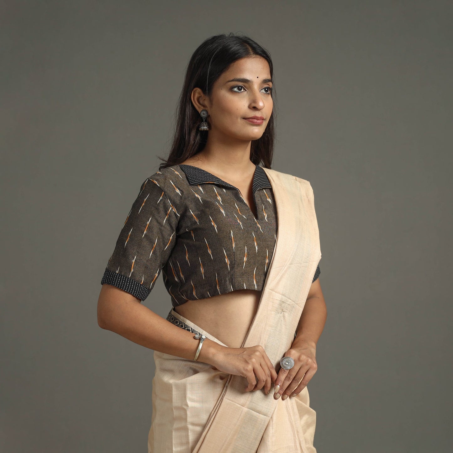 Brown - Pochampally Cotton Stitched Ikat Blouse 08