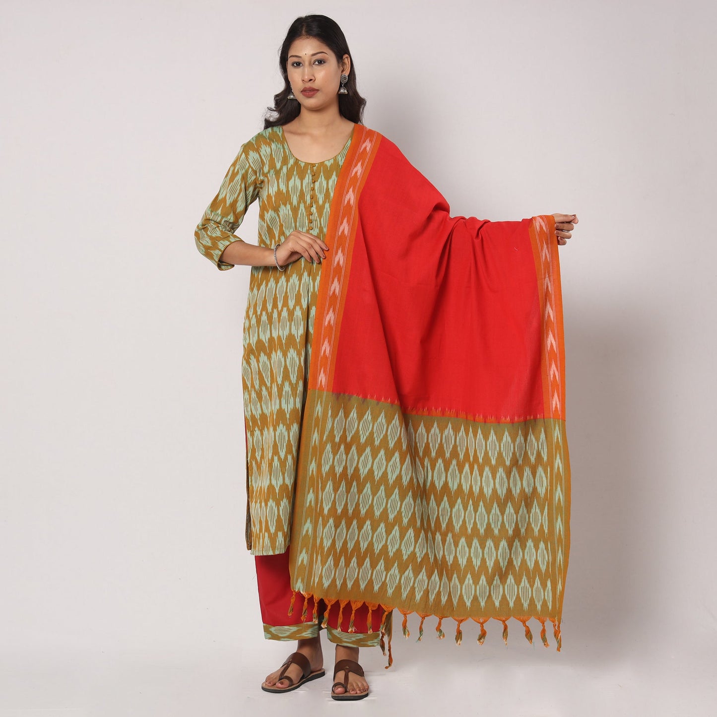Brown - pochampally ikat cotton kurta with palazzo &