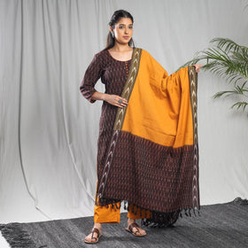 Pochampally Ikat Weave Cotton Kurta with Palazzo & Dupatta Set 