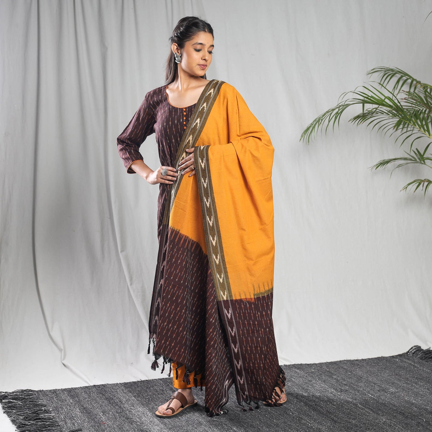  Pochampally Ikat Weave Cotton Kurta with Palazzo & Dupatta Set 