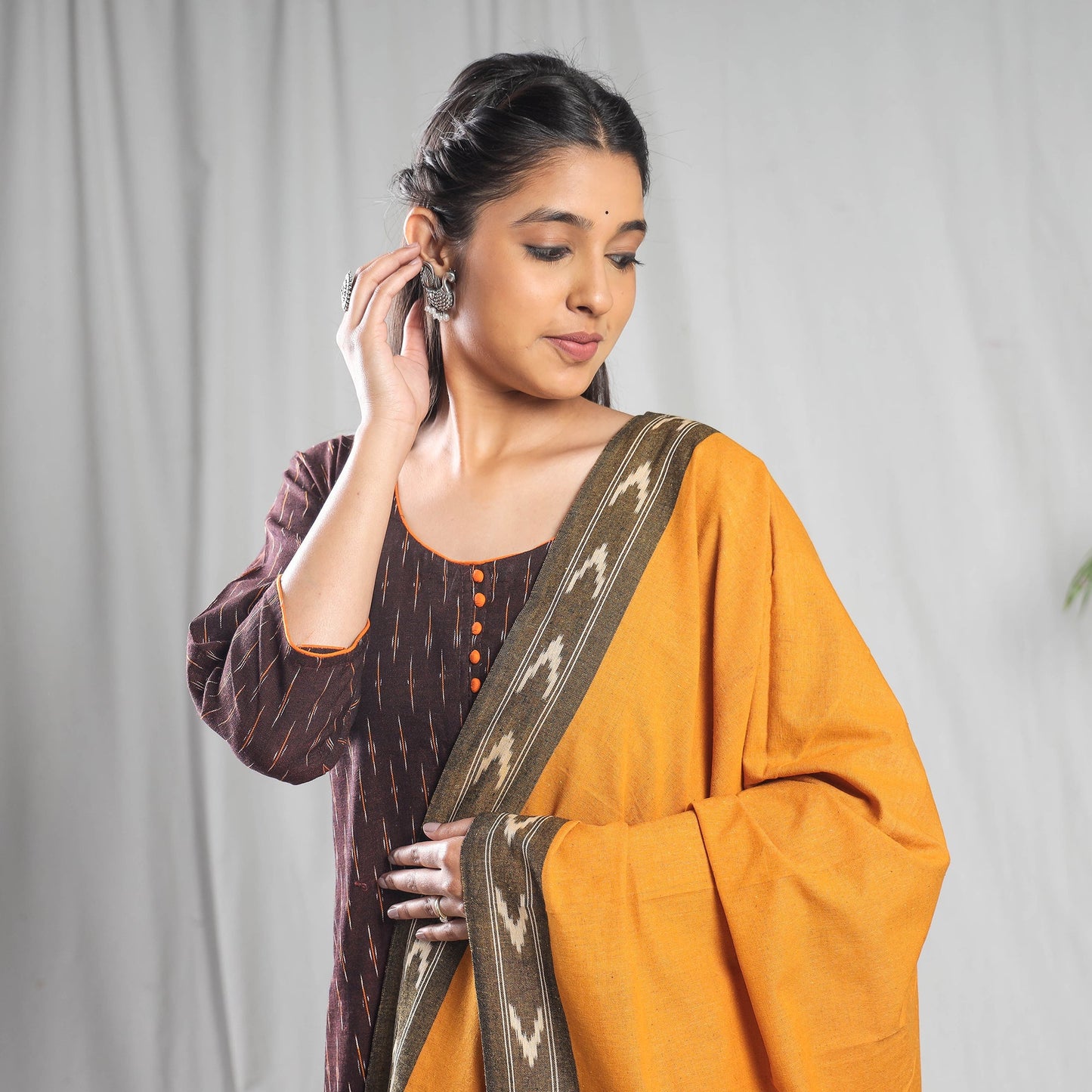  Pochampally Ikat Weave Cotton Kurta with Palazzo & Dupatta Set 